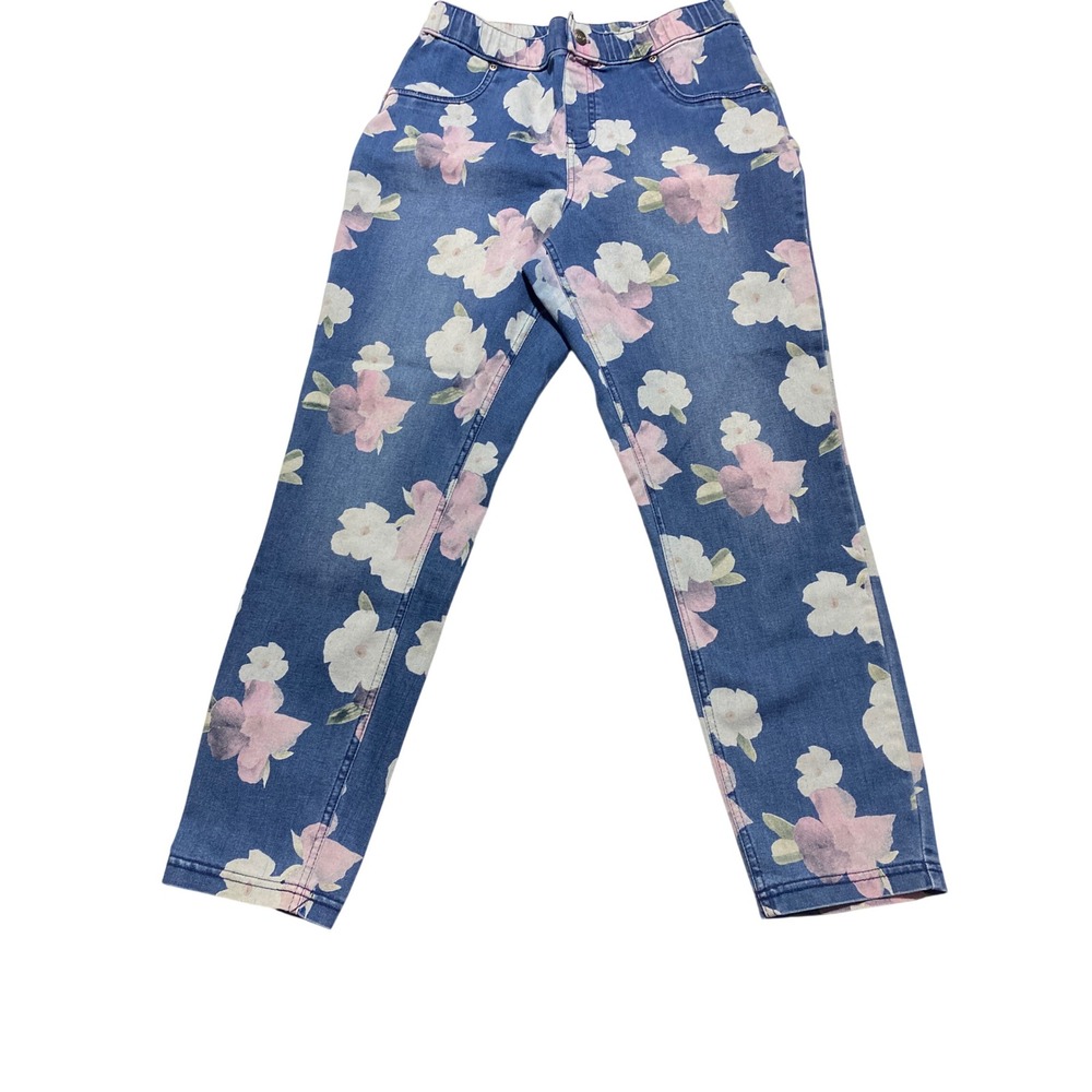 Hue Blue Pink Floral Print Denim Leggings Women's Medium Jeggings Pull On Pants